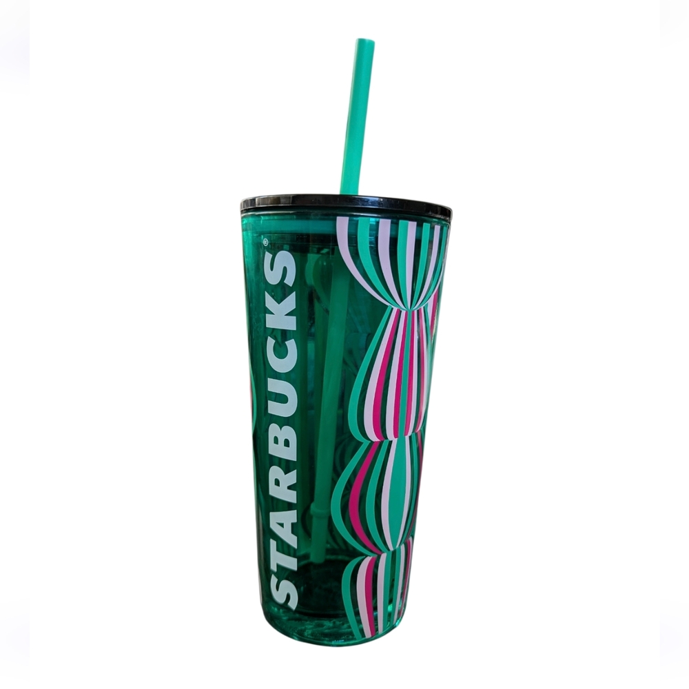 Starbucks Green and Pink Striped Glass 18 Fl Oz Tumbler